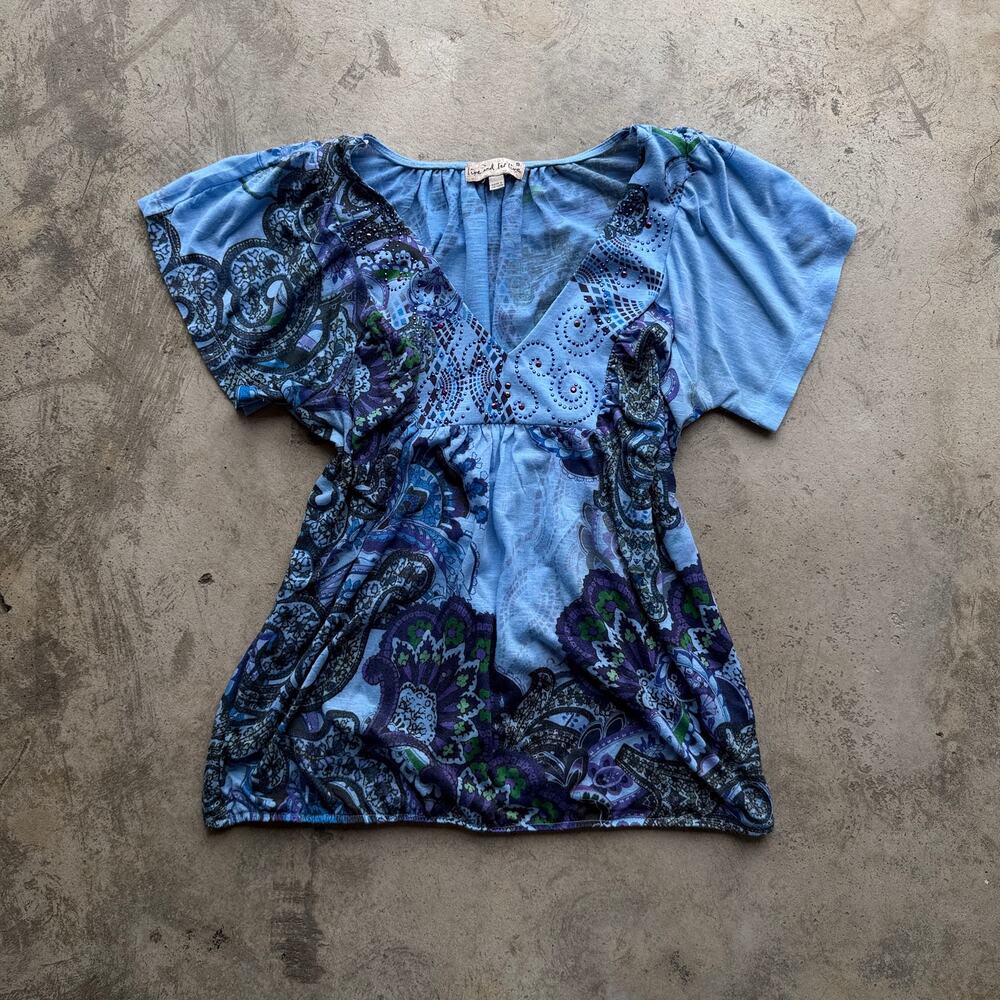 Vintage Y2K Euro Paisley Rhinestone Bedazzled Blouse Top Size S